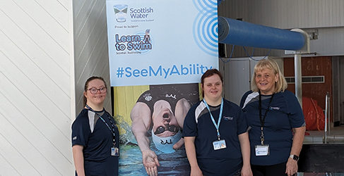 Learn to Swim swim teachers Cerys McCrindle and Laura  and Betty Logan celebrate World Downs Syndrome Day
